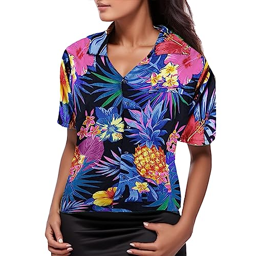 Hawaii Hemd Damen Kurzarm Hawaiihemd Sommer Hawaii Bluse Strand Funky Hawaiibluse Fronttasche Party Hawaii Hemden Frauen Hawaii Outfit Damen Hawaii-Print Casual Hemdbluse Shirt Tops Hawaii Outfit von Generisch