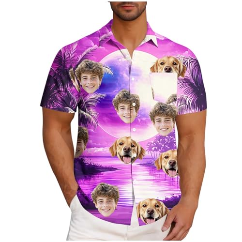 Hawaii Hemd Männer Personalisierte Outfit mit Gesicht Kurzarm Freizeithemden Herren Custom Kleidung Selbst Gestalten Kostüm Freizeit Sommer Urlaub Tops Blumen Face Foto Lustige 02 Lila M von Generisch