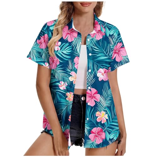 Hawaii Hemden Damen Sommershirt Revers Button Down Hemdbluse Trends Kurzarm Shirts Urlaubs Strand Hawaiihemd Boho Tunika Tops Stilvolle Strickjacken Oberteile Tees von Generisch
