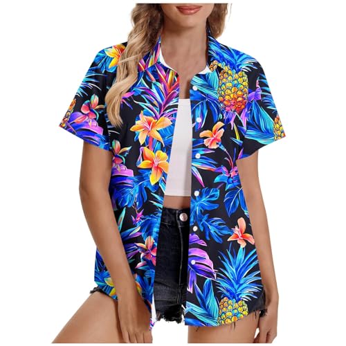 Hawaii Hemden Damen Sommershirt Revers Button Down Hemdbluse Trends Kurzarm Shirts Urlaubs Strand Hawaiihemd Boho Tunika Tops Stilvolle Strickjacken Oberteile Tees von Generisch