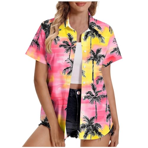 Hawaii Hemden Damen Sommershirt Revers Button Down Hemdbluse Trends Kurzarm Shirts Urlaubs Strand Hawaiihemd Boho Tunika Tops Stilvolle Strickjacken Oberteile Tees von Generisch