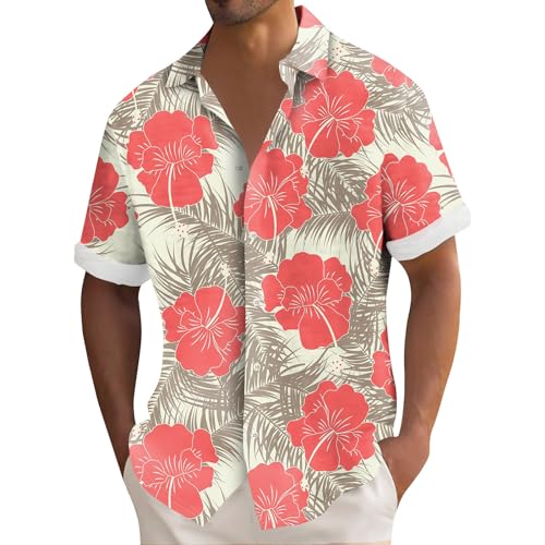 Hawaii Kostüm Herren, Hemd Sommer Kurzarm Button Down Herrenhemd Freizeit Basic Beach Shirt for Männer Lustige Urlaub Hawaiihemd Herren Flamingo Baumwolle Langarm Outfit (3XL, Watermelon Red) von Generisch