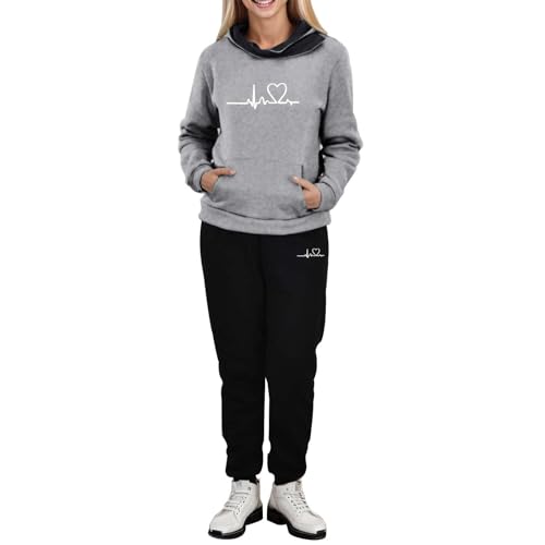 Heartbeat Jogginganzug Damen Herbst Winter Gefütterte 2 Teiler Jogginganzug Hoodie Kuschelig Freizeit Sportanzug Hausanzug Elegant Y2K 2023 Trainingsanzug Fitness Zweiteiler Set (Grey-c, M) von Generisch