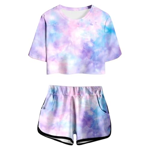 Helles Lila Sportbekleidung Kinder Mädchen 158 Set 2 Teiler Trainingsanzug Tie Dye Kurze Hose Und T-Shirt Set Sport Freizeitanzug Sommer Outfits Sportanzug 2 Piece Jogging Kinderkleidung von Generisch