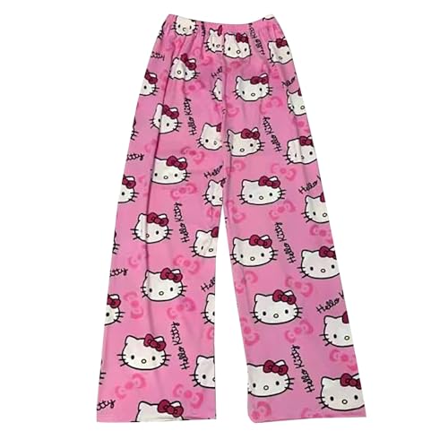 𝐇𝐞𝐥𝐥𝐨 𝐊𝐢𝐭𝐭𝐲 Pyjama Hosen Damen Pyjamahose Lang Flanell Schlafanzug Hose Schlafanzughose Kitty Anime Cartoon Kawaii Kuschelig Weich Bequeme Warme Flauschig Casual Home Schlafhose von Generisch