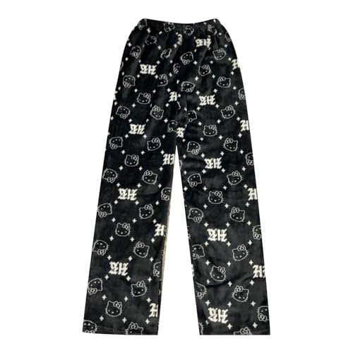 𝐇𝐞𝐥𝐥𝐨 𝐊𝐢𝐭𝐭𝐲 Pyjama Hosen Damen Pyjamahose Lang Flanell Schlafanzug Hose Schlafanzughose Kitty Anime Cartoon Kawaii Kuschelig Weich Bequeme Warme Flauschig Casual Home Schlafhose von Generisch