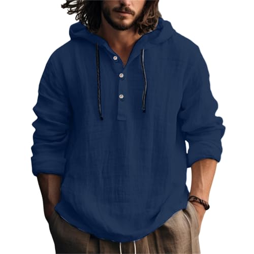Hemd Herren,Leinenhemd Herren Langarm Baumwolle Leinen Hoodie Einfarbig Hoody Oberteile Knopfleiste Langarm Hemd mit Kapuze Modische Langarmshirt Sommerhemd Shirt Leichte Bequem Freizeithemden von Generisch