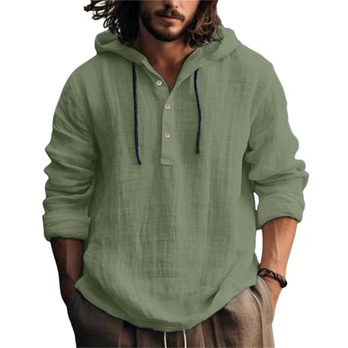 Hemd Herren,Leinenhemd Herren Langarm Baumwolle Leinen Hoodie Einfarbig Hoody Oberteile Knopfleiste Langarm Hemd mit Kapuze Modische Langarmshirt Sommerhemd Shirt Leichte Bequem Freizeithemden von Generisch