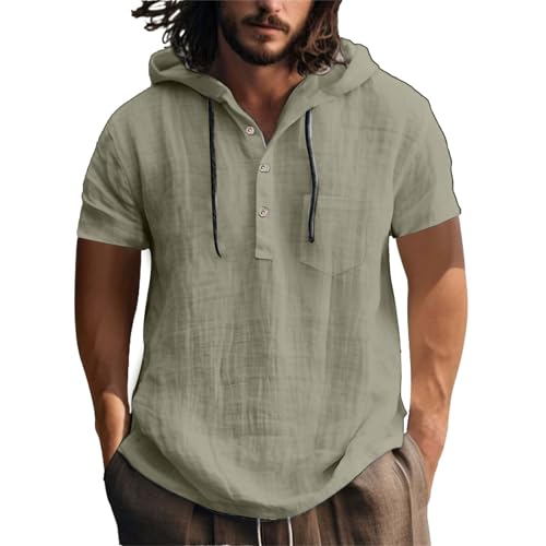Hemd Herren,Leinenhemd Herren Langarm Baumwolle Leinen Hoodie Einfarbig Hoody Oberteile Knopfleiste Langarm Hemd mit Kapuze Modische Langarmshirt Sommerhemd Shirt Leichte Bequem Freizeithemden von Generisch
