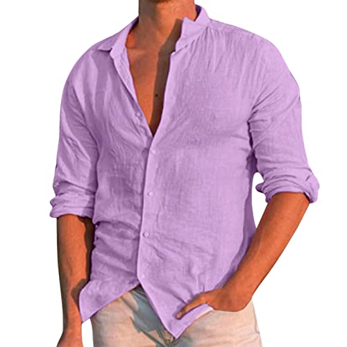 Generisch Hemd Herren Buissnes Leinenhemd Casual Leinen Bluse Langarm Shirts Button Down Regular Fit Freizeithemd Shirts (Lila, M) von Generisch