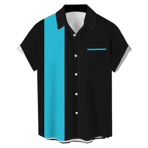 Hemd Herren Damen Kurzarm Bluse Vintage-Stil Bowling-Shirts Retro 50er Rockabilly Freizeithemd Button Down Sommerhemd Farbblock Kurzarmhemd Party T-Shirt Hawaiihemd Für Herren Damen von Generisch