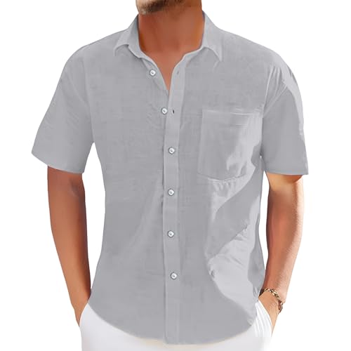 Hemd Herren Kurzarm Freizeithemd Button Down Hemden Leinenhemd Herren Regular Fit Sommerhemd mit Brusttasche Sommer Businesshemd Strandhemd Business Shirts Atmungsaktive Bequeme von Generisch