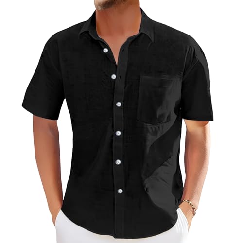 Hemd Herren Kurzarm Freizeithemd Button Down Hemden Leinenhemd Herren Regular Fit Sommerhemd mit Brusttasche Sommer Businesshemd Strandhemd Business Shirts Atmungsaktive Bequeme von Generisch