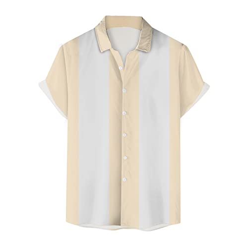 Hemd Herren Kurzarm Vintage Bowling Shirt 50er Retro Rockabilly Stil Kurzarm Freizeithemd Button Down Hemd Sommerhemd Kurzarmhemd Retro Style Party Outfit Karneval Fasching Shirt (Beige, L) von Generisch