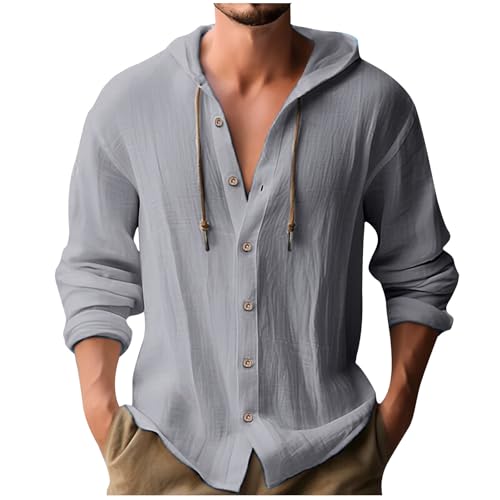 Hemd Herren Langarm Leinen Hemd Henley Modisch Einfarbig Sommerhemd Herren Freizeithemd Casual Rundhals Hoodie Sport Atmungsaktiv Kapuzen Button Down Leinenhemd Regular Fit Men Shirts von Generisch