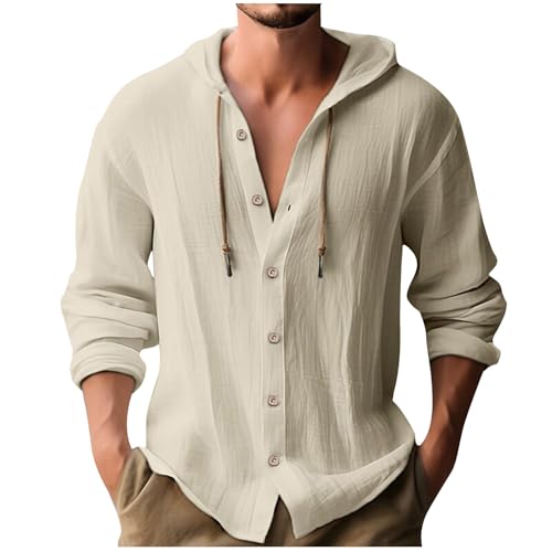 Hemd Herren Langarm Leinen Hemd Henley Modisch Einfarbig Sommerhemd Herren Freizeithemd Casual Rundhals Hoodie Sport Atmungsaktiv Kapuzen Button Down Leinenhemd Regular Fit Men Shirts von Generisch