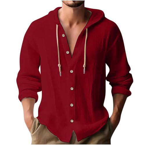 Hemd Herren Langarm Leinen Hemd Henley Modisch Einfarbig Sommerhemd Herren Freizeithemd Casual Rundhals Hoodie Sport Atmungsaktiv Kapuzen Button Down Leinenhemd Regular Fit Men Shirts von Generisch