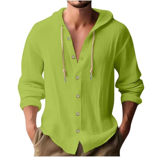 Hemd Herren Langarm Leinen Hemd Henley Modisch Einfarbig Sommerhemd Herren Freizeithemd Casual Rundhals Hoodie Sport Atmungsaktiv Kapuzen Button Down Leinenhemd Regular Fit Men Shirts von Generisch