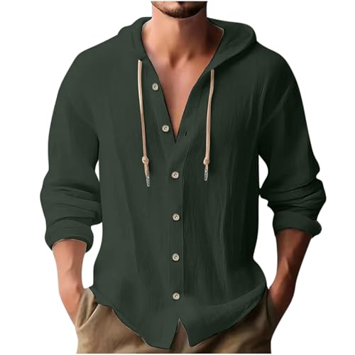 Hemd Herren Langarm Leinen Hemd Henley Modisch Einfarbig Sommerhemd Herren Freizeithemd Casual Rundhals Hoodie Sport Atmungsaktiv Kapuzen Button Down Leinenhemd Regular Fit Men Shirts von Generisch