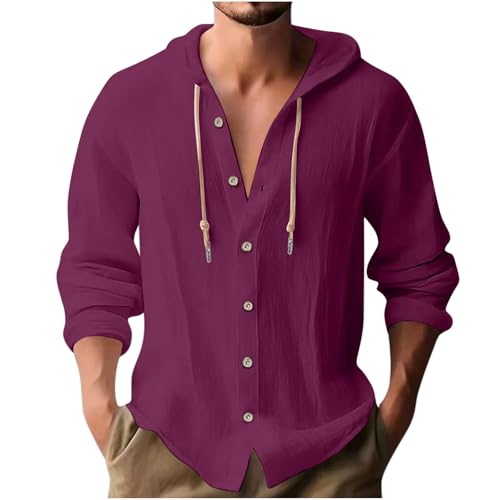 Hemd Herren Langarm Leinen Hemd Henley Modisch Einfarbig Sommerhemd Herren Freizeithemd Casual Rundhals Hoodie Sport Atmungsaktiv Kapuzen Button Down Leinenhemd Regular Fit Men Shirts von Generisch