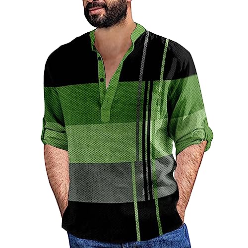 Hemd Herren Langarm Leinenhemd Baumwolle Henley Shirt Casual Regular Fit Sommerhemd Bedruckte Langarmhemden Lässige Strandhemd T-Shirts Tops (Grün,XL) von Generisch