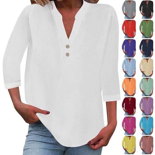 Hemdbluse Damen Lang Primeday Leinen Shirt Sommer Leicht Langarm Leinenbluse V-Ausschnitt Knopf Lässige T-Shirts Bluse Tunika Tops Sommerblusen Oberteile Prime Angebote des Tages Heute Blitzangebote von Generisch
