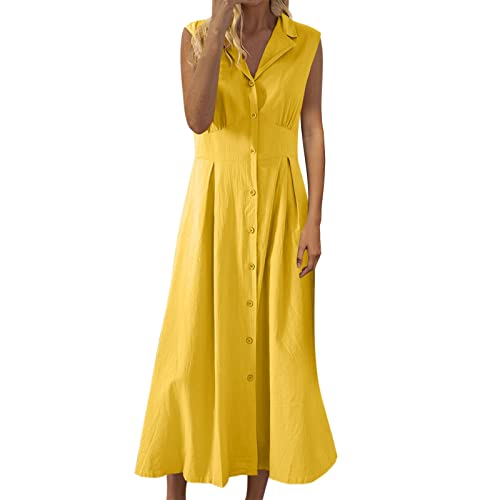 Hemdblusenkleid Damen Lang Leinen Ärmellos Revers A-Linie - Knielang Retro Baumwolle Kurzarm Modische Strandkleider Leinen A-Linie V-Ausschnitt Sommer Einfarbig Hawaiikleid Lässige Boho Midi Dress von Generisch
