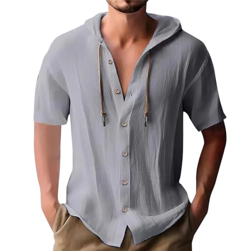Hemden Herren Kapuzenpullover Baumwolle Hoodie Einfarbig Hoody Oberteile Knopfleiste Kurzarm Hemd mit Kapuz Pullover Dünner Baseball-Sweatshirt Bequeme Kapuzenshirt Basic Shirts von Generisch