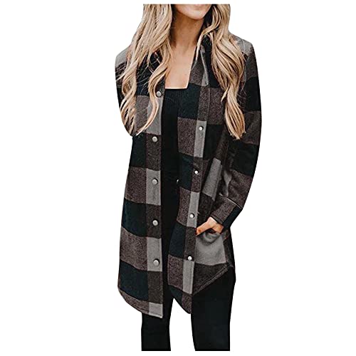 Hemdjacke Damen; Warm Lang Hemdjacke Kariert Langarm mit Knöpfen Karohemd Hemdbluse Herbst Slim Fit Holzfällerjacke Große Größen Blau Karierte Jacke Hemd Kariert Grün Schwarz Herbstjacke S-3XL von Generisch