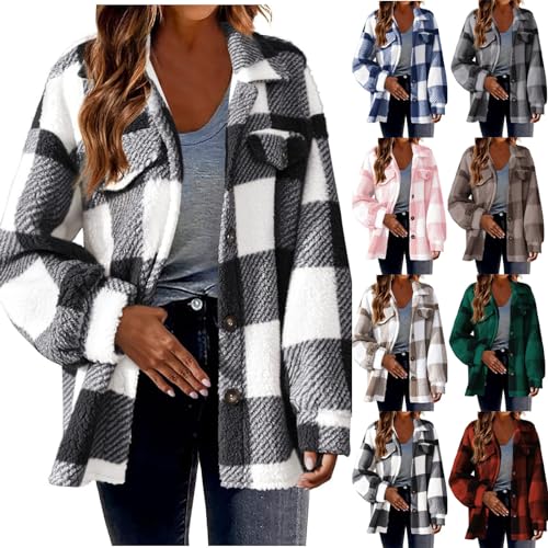 Teddyjacke Damen Kariert Fleecejacke Flauschig Plüschjacke Button Down Hemdjacke Umlegekragen Winterjacke Modische Damenjacke Locker Outdoorjacke Winter Thermo Jacke Outwear Übergangsjacke von Generisch
