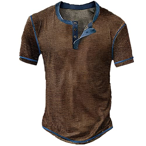 Henley-Hemden für Herren, kurzärmelig, Vintage-Stil, Waffelmuster, Farbblock, Button-Down-Shirt, lässiges Oberteil, T-Shirts, Braunes Henley-Shirt für Herren, kurzärmelig, XL von Generisch