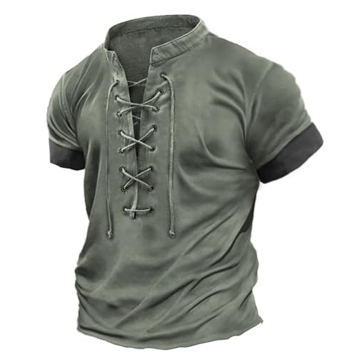 Henley Shirt Herren Mittelalter Retro SchnüRen Pirate Shirt Sommer Strandhemd Vintage Casual Leicht T-Shirt V-Ausschnitt Kurzarm Biker Motorrad Distressed T Shirt von Generisch