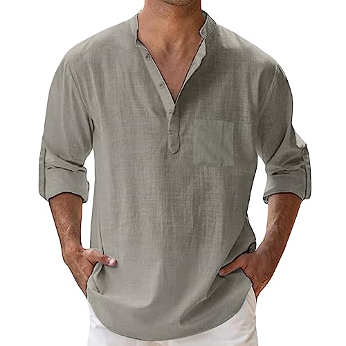 Henley Shirt Herren Sommer Casual Henley Leinen Hemd Faltbarer ÄRmel Button-Down Freizeithemd Langarm Baumwolle Regular Fit Henley Shirts Sommerhemd, S-4XL von Generisch
