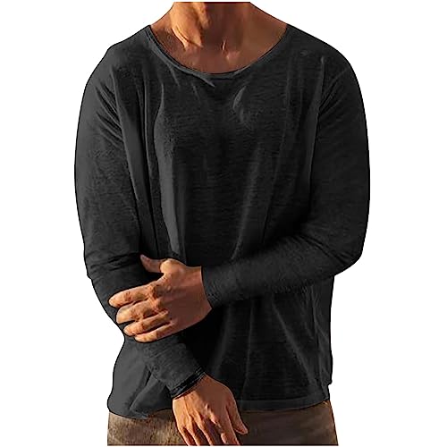 Henley Shirts Leinenhemd Herren Hemd Langarm Baumwolle Leinen Rundhals Hemden Mit Tasche Regular Fit Einfarbig Täglich Freizeithemden Sommer Modisch Atmungsaktiv Casual Sommerhemd Strandhemd von Generisch