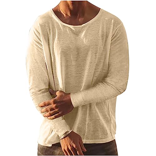 Henley Shirts Leinenhemd Herren Hemd Langarm Baumwolle Leinen Rundhals Hemden Mit Tasche Regular Fit Einfarbig Täglich Freizeithemden Sommer Modisch Atmungsaktiv Casual Sommerhemd Strandhemd von Generisch
