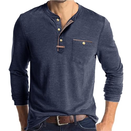 Henley shirt Herren Langarm Henley Ausschnitt T-Shirt Langarmshirt Rundhals Longshirt mit Taschen Casual Business Tees Basic Shirt für Büro Bequeme Sommer Herbst Tops Old Money Style Herren von Generisch