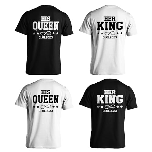 Her King His Queen mit Name und Datum 2 Stück 1 Preis T-Shirt Pärchen Tshirt Damen Herren Shirt Couple Paar von Generisch