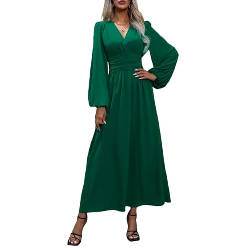 Herbstkleid Damen Lang Elegant V-Ausschnitt Wickelkleid Laternenärmeln Abendkleider Langarm Tunika Kleid Hohe Taille Festlich Maxikleider A-Linie Freizeitkleider Grün XXL von Generisch