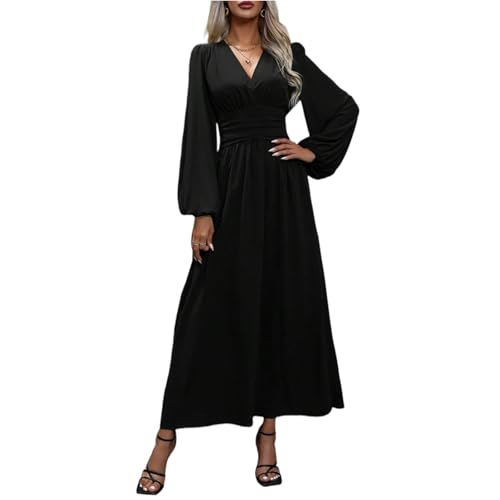 Herbst Kleider Langarm V-Ausschnitt Maxikleid Hohe Taille Abendkleid Elegant Partykleid A-Linie Rüschen Etuikleid Einfarbig Wickelkleid Freizeitkleider Schwarz M von Generisch