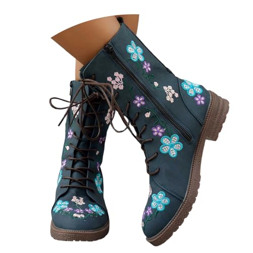 Herbst Stiefel Damen Ankle Boots Mit Reißverschluss Winter Wasserdichte Schuhe Niedriger Absatz Herbstschuhe Regenschuhe Leder Flach Schnürboots Stiefeletten Blau 38 von Generisch