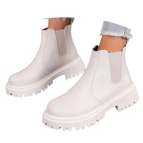 Herbst Stiefel Damen Ankle Boots Niedriger Absatz Winter Schnürboots Leder Herbstschuhe Regenschuhe Mit Reißverschluss Flach Wasserdichte Schuhe Stiefeletten Weiß 37 von Generisch