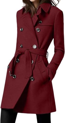 Herbst Und Winter Wollmantel Mittellang Zweireihig Büro Trenchcoat Damen Elegant Vielseitig Tweed Mantel Damen Trench (Rot,S) von Generisch