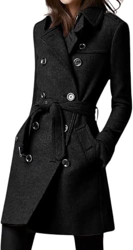Herbst Und Winter Wollmantel Mittellang Zweireihig Büro Trenchcoat Damen Elegant Vielseitig Tweed Mantel Damen Trench (Schwarz,M) von Generisch