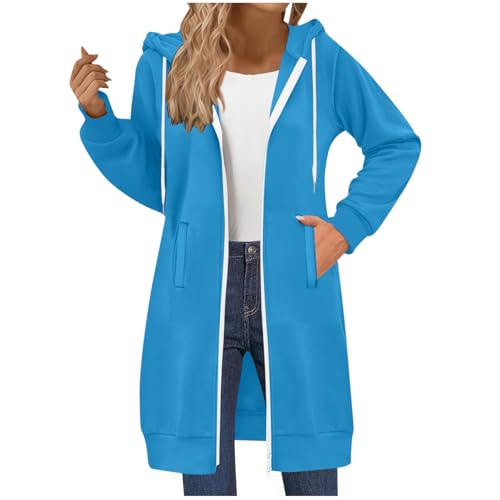Herbstjacke Damen Modisches Einfarbig Hoodie Jacke Lang Wintermantel mit Kapuze Herbst Winter Fleecejacke Langarm Übergangsjacke Plus Size Kapuzenpullover Zipper Kapuzenjacke mit Taschen Winterjacke von Generisch