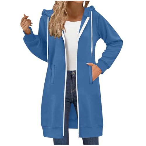 Herbstjacke Damen Modisches Einfarbig Hoodie Jacke Lang Wintermantel mit Kapuze Herbst Winter Fleecejacke Langarm Übergangsjacke Plus Size Kapuzenpullover Zipper Kapuzenjacke mit Taschen Winterjacke von Generisch