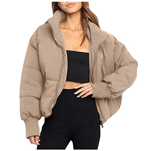 Herbstjacke Damen elegant lang große größen schwarz, Hybrid Jacke Teenager Mädchen Kurz Warm Reißverschluss Gefüttert Stehkragen Vintage Wintermantel Felljacke XS-XXL Khaki M von Generisch