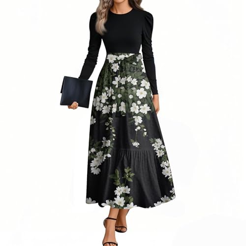 Herbstkleid Damen Elegant Kleider Langarm Rundhals Midikleid A-Linie Blumenkleid Casual Tunika Kleid Hohe Taille Strandkleid mit Taschen Lockeres Bodenlanger Rock 1#Dunkelgrün XXL von Generisch