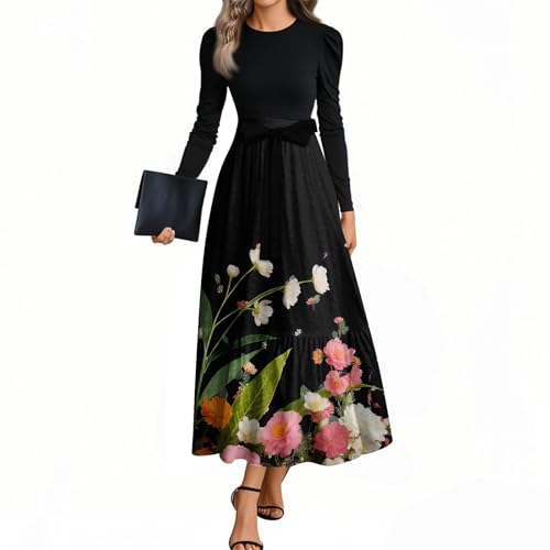 Herbstkleid Damen Elegant Kleider Langarm Rundhals Midikleid A-Linie Blumenkleid Casual Tunika Kleid Hohe Taille Strandkleid mit Taschen Lockeres Bodenlanger Rock 2#Schwarz L von Generisch