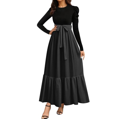 Herbstkleid Damen Elegant Langarm Abendkleider Rundhals Maxikleid A-Linie Boho Blumenkleid Casual Tunika Kleid Hohe Taille Wickelkleid Freizeitkleid Elastischem Bund 1#Schwarz M von Generisch