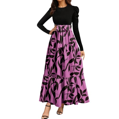 Herbstkleid Damen Elegant Langarm Abendkleider Rundhals Maxikleid A-Linie Boho Blumenkleid Casual Tunika Kleid Hohe Taille Wickelkleid Freizeitkleid Elastischem Bund Pink-c XXL von Generisch